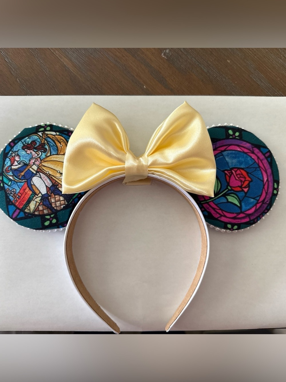 Disney Belle beauty and beast Yellow Bow Stained Glass Minnie Ears Headband